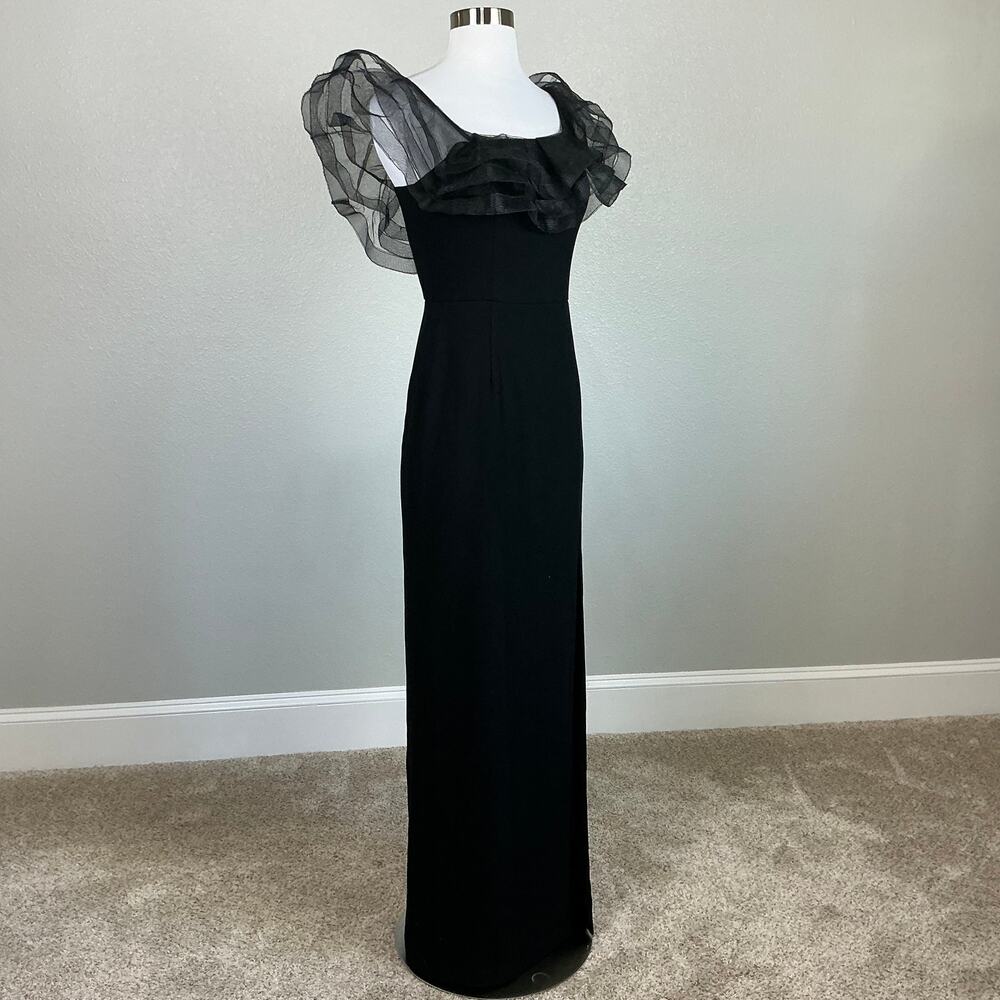 Aidan Mattox Black Evening Gown Ruffled Off the Shoulder Column Dress Size 4 - Picture 3 of 11